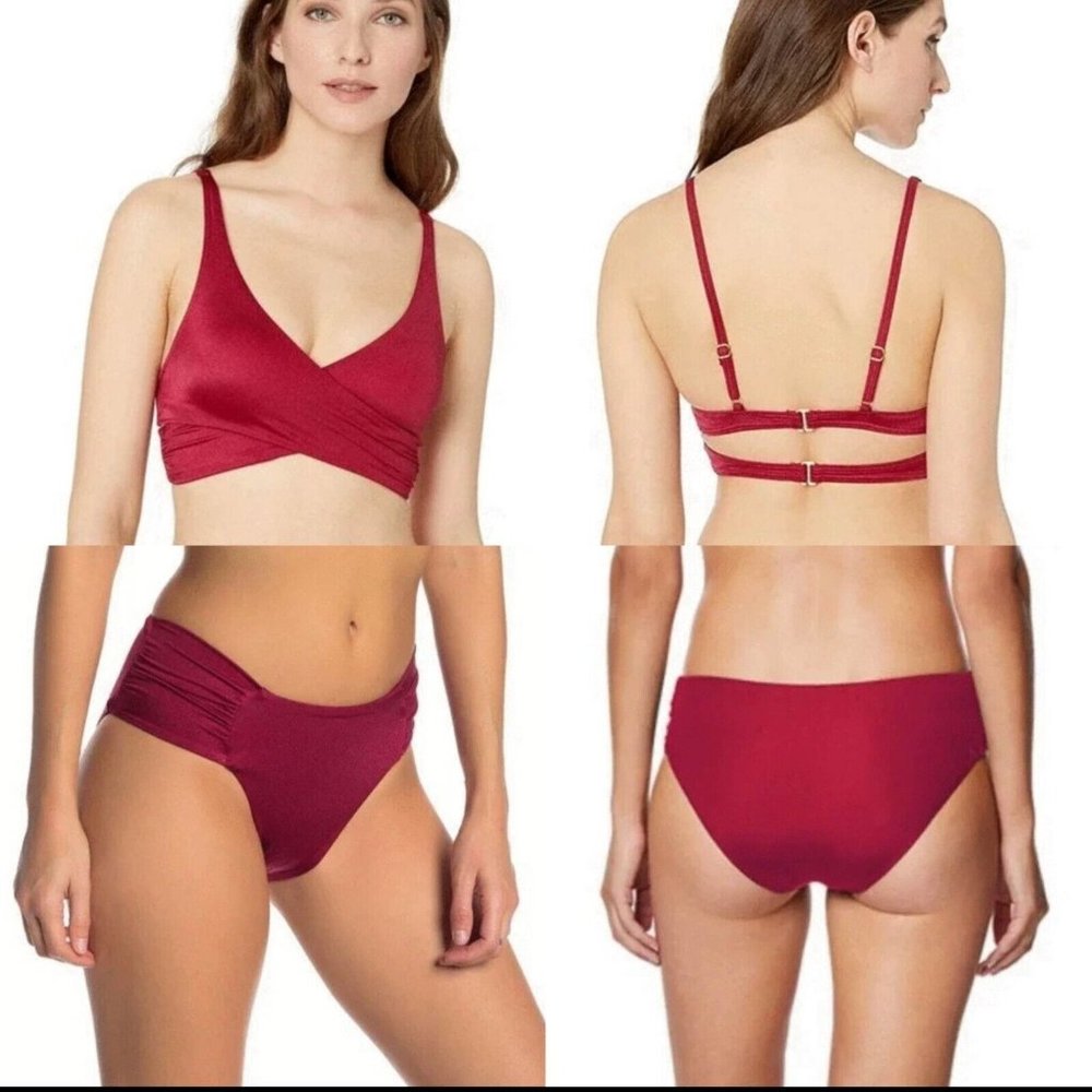 Red Sexy Bikini Swim Set Women M Cabernet Ruched Swimsuit Cheeky TAHARI NEW $130